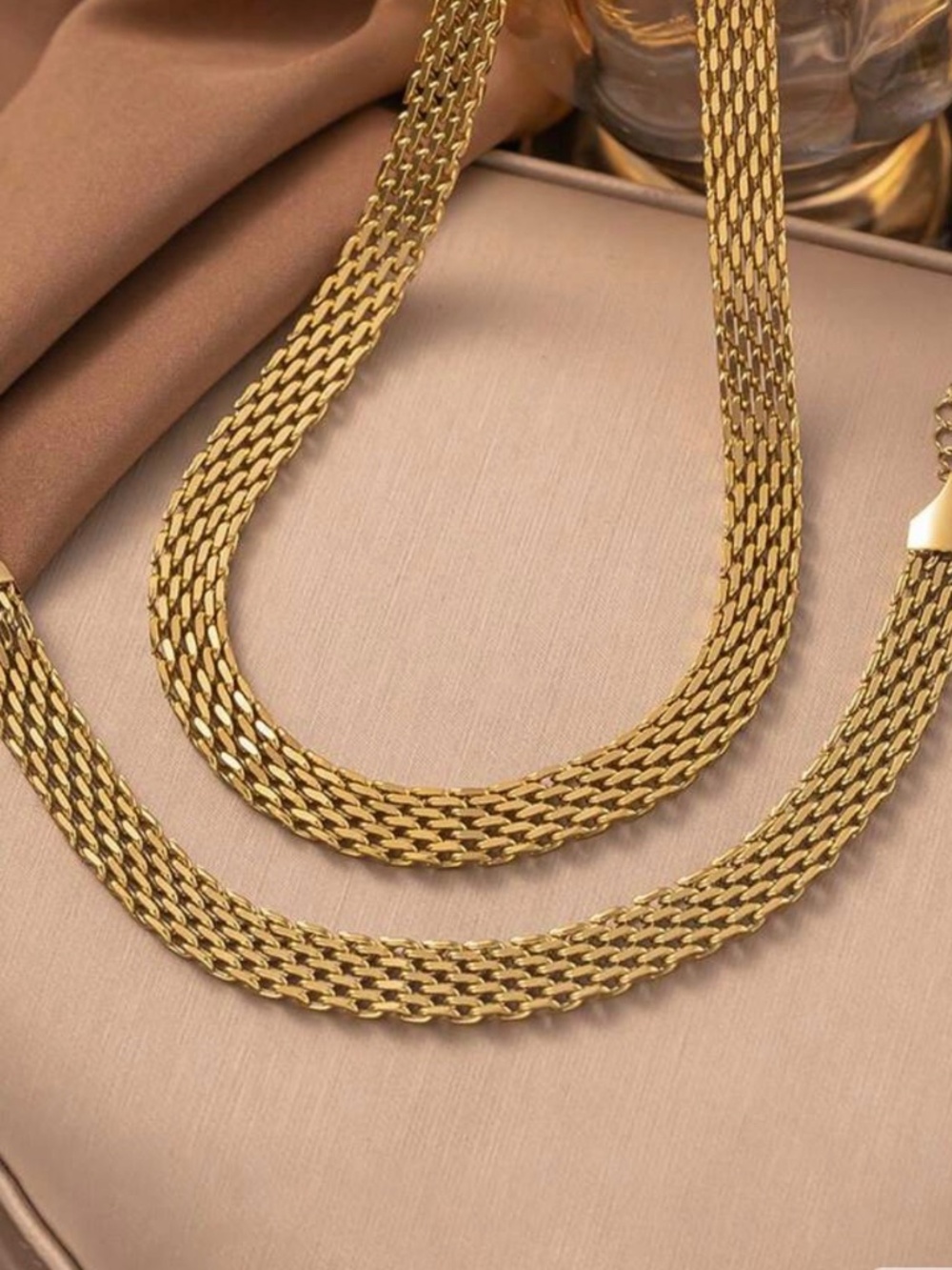 1 Set Stainless Steel Fashionable Versatile Gold Necklace + Bracelet Jewelry Set